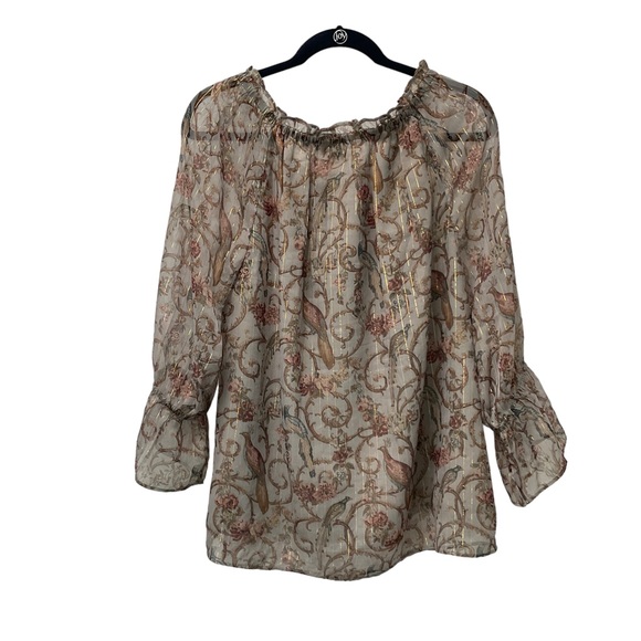 Soft Surroundings Aitana Dusty Pink Bird Floral Sheer Metallic Blouse M - Picture 3 of 10